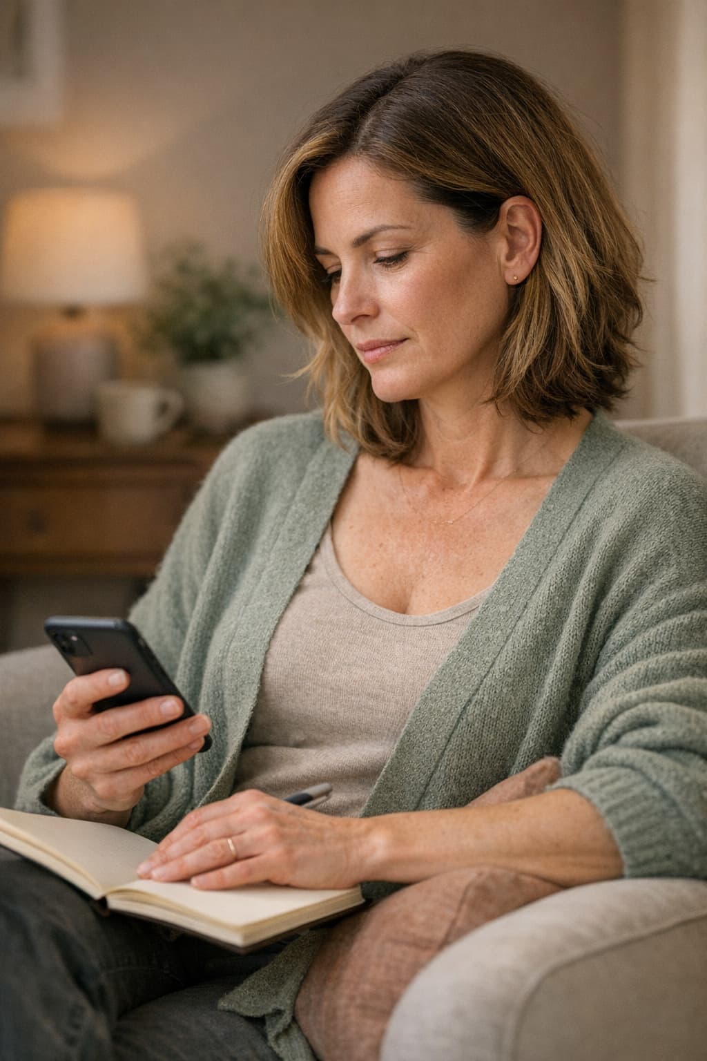 Thoughtful woman reviewing Helen and notes at home